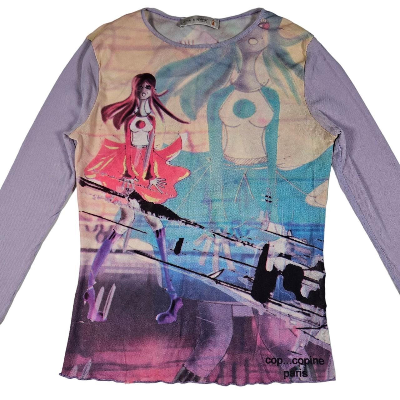 Vintage Cop Copine Cyber Anime Manga Girl Graphic Print Sheer Mesh
