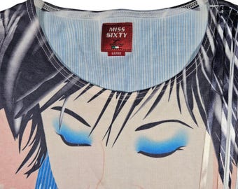 Vintage Very Rare Miss Sixty Girl Eating Sushi Graphic Print Top