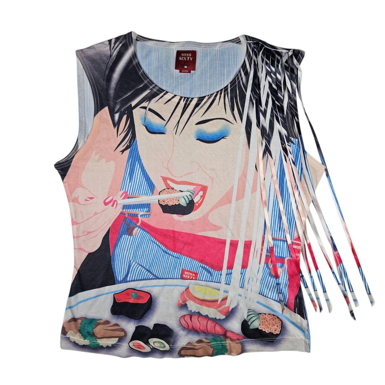 Vintage Very Rare Miss Sixty Girl Eating Sushi Graphic Print Top