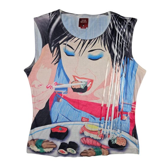 Vintage Very Rare Miss Sixty Girl Eating Sushi Graphic Print Top