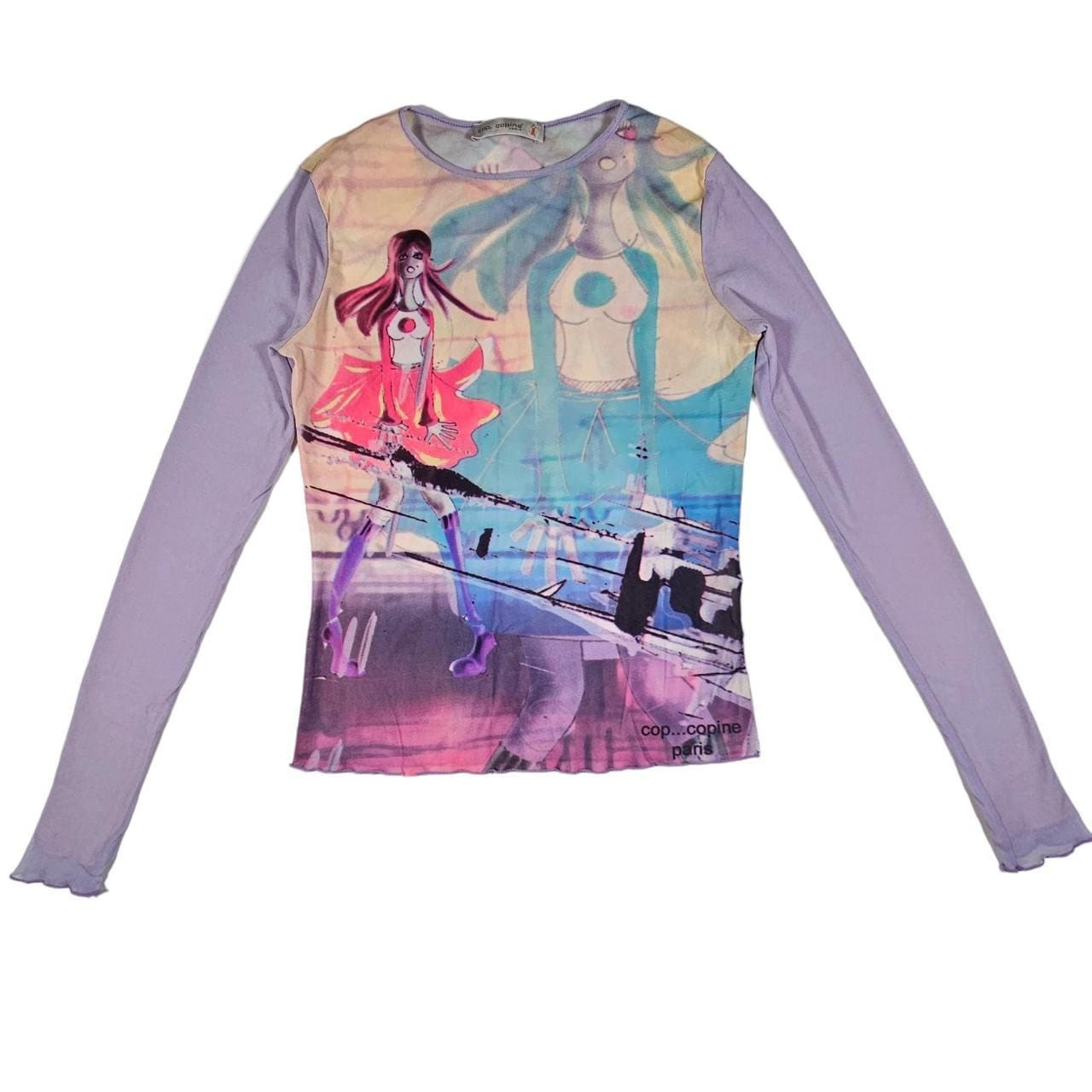 Vintage Cop Copine Cyber Anime Manga Girl Graphic Print Sheer Mesh
