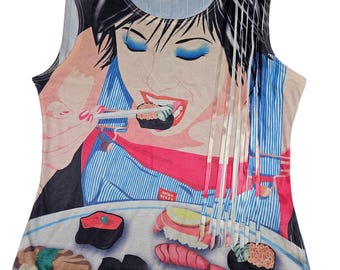 Vintage Very Rare Miss Sixty Girl Eating Sushi Graphic Print Top