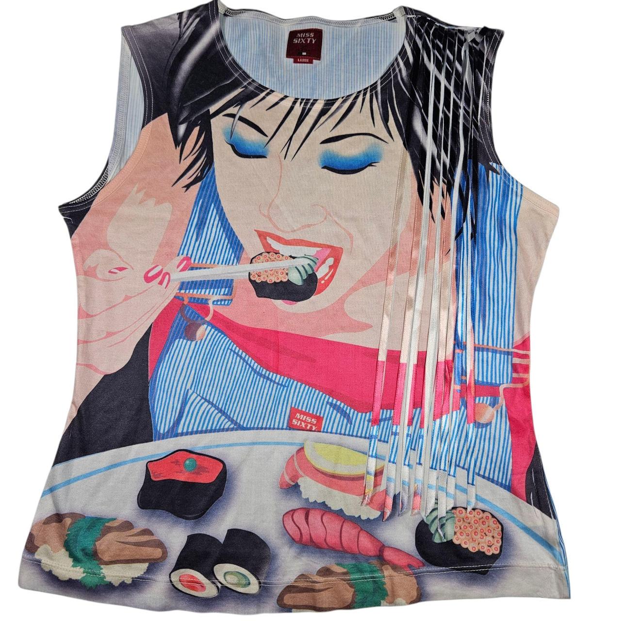 MISS SIXTY Sushi タンクトップ フリンジトップス Vintage Very Rare Miss Sixty Girl Eating Sushi Graphic Print Top