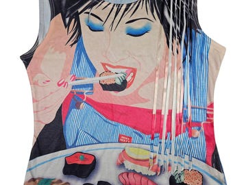 Vintage Very Rare Miss Sixty Girl Eating Sushi Graphic Print Top