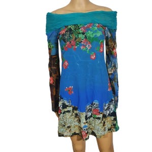 Vintage Save the Queen blue city graphic print double layer sheer mesh dress