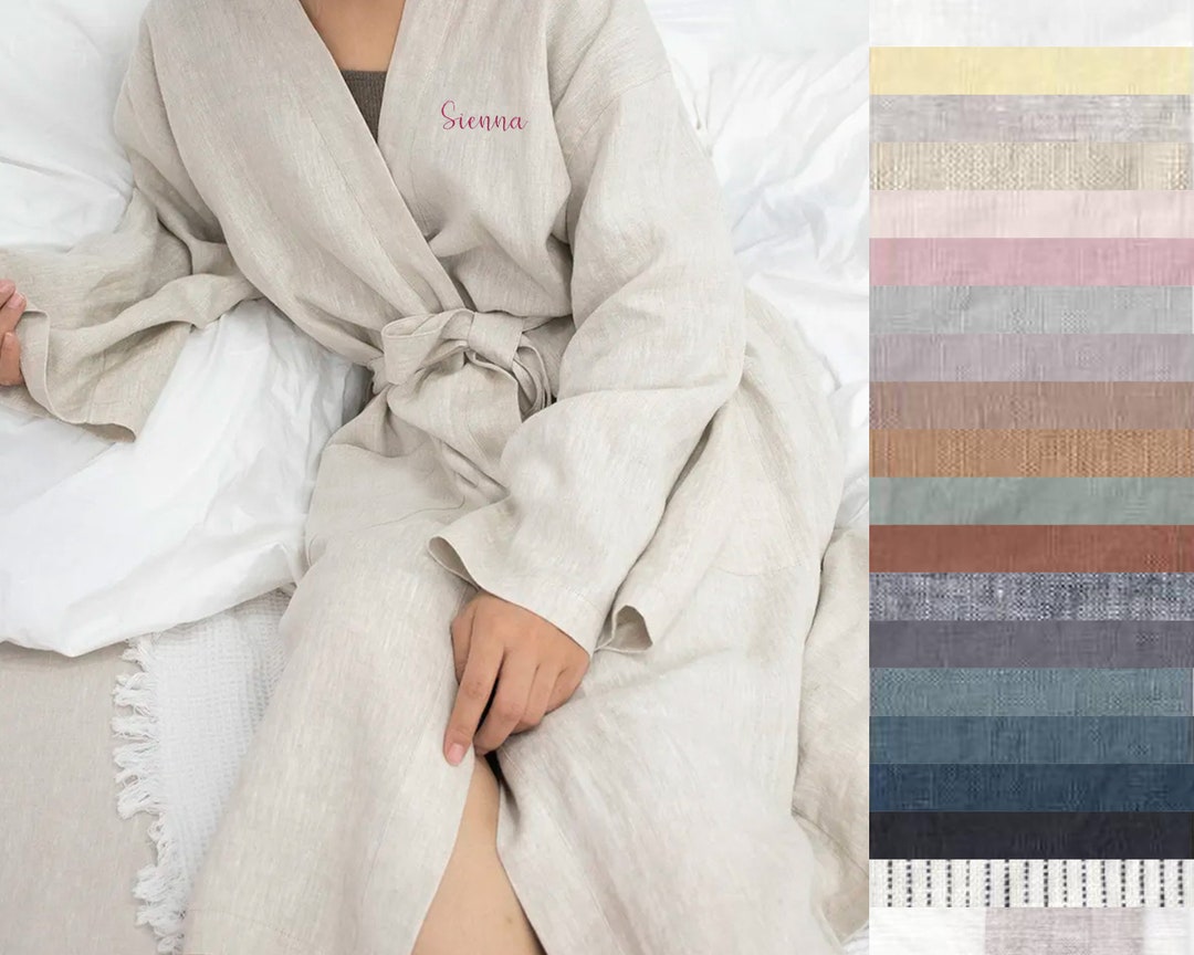 Natural Linen Bathrobe Custom Embroidery Handmade Softened Etsy New Zealand