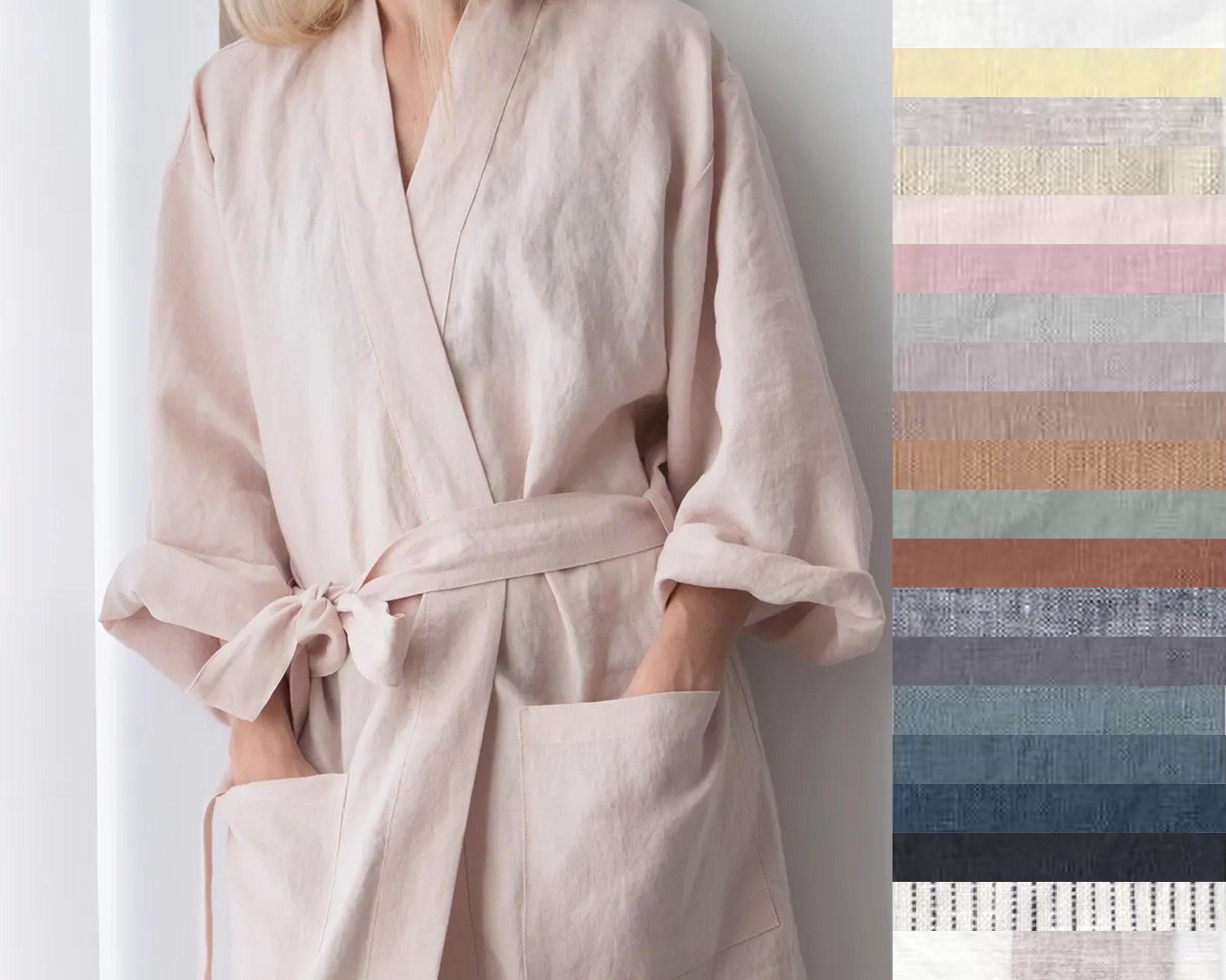 Natural Linen Bath Robe, Custom Embroidery, Handmade Softened Linen