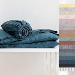 LEINENBLATT SET von 4 Stück. Französisches Leinen Top und Spannbettlaken und zwei Kissenbezüge, Soft Washed, europäisches Leinen, Schiff aus den USA