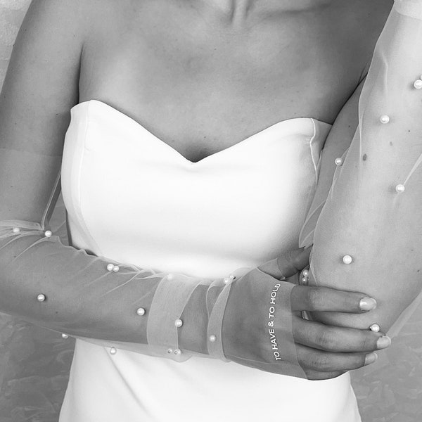 Guantes de novia de perlas totalmente personalizables, guantes de novia para boda, perlas y tul, mangas de boda de perlas personalizables, tul sin dedos.
