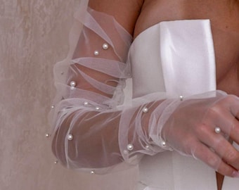 Guanti lunghi in tulle con perle, polsini da sposa senza dita, guanti trasparenti per eventi formali, feste, cosplay, guanti bianchi, tulle con perle senza dita