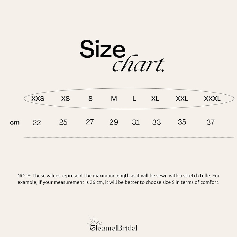 May include: Size chart for a garment, showing measurements in centimetres for different sizes: XXS (22 cm), XS (25 cm), S (27 cm), M (29 cm), L (31 cm), XL (33 cm), XXL (35 cm), and XXXL (37 cm).