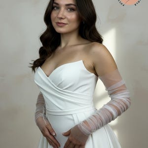 Long Ruched Bridal Sleeve Full Fingerless Old Fashion Wedding Gloves Ruched Tulle Bride Glove for Wedding Sheer Mesh Ruffled Gloves image 2