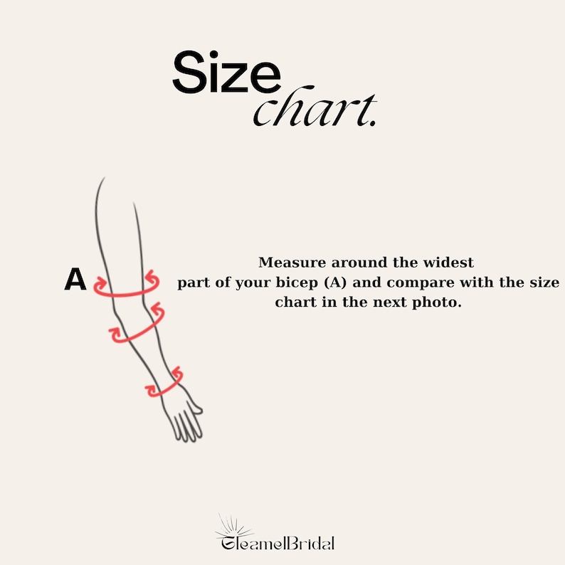May include: Diagram showing how to measure your bicep for a garment. The diagram shows a person's arm with a red arrow circling the widest part of the bicep. The text reads "Measure around the widest part of your bicep (A) and compare with the size chart in the next photo."
