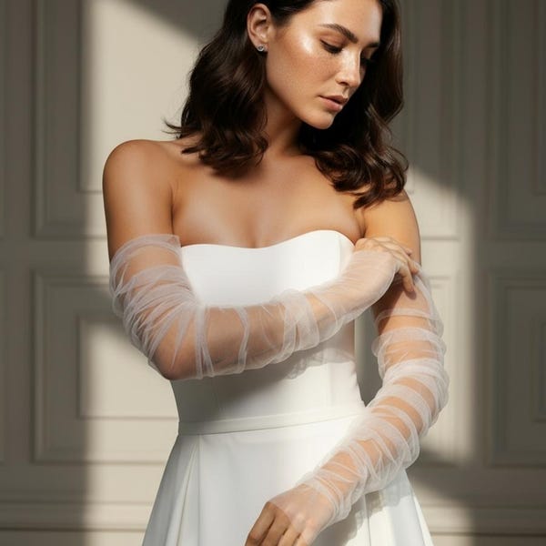 Mangas nupciales ligeramente fruncidas, guantes de tul fruncidos de tamaño mediano para boda, mangas nupciales minimalistas