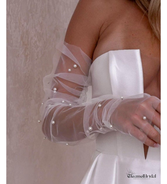 Pearl Long Tulle Glove Bridal Fingerless Arm Cuff Sheer Gloves for Formal Event Party Cosplay Gloves White Gloves Fingerless Pearl Tulle