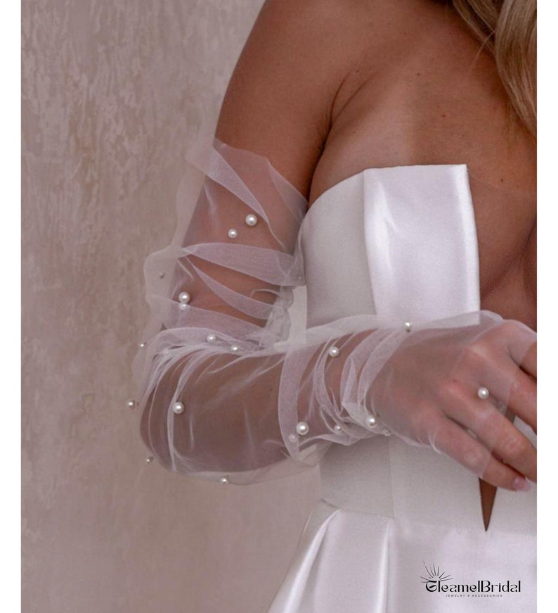 Guante largo de tul perla, puño de brazo sin dedos para novia, guantes transparentes para evento formal, fiesta, guantes de cosplay, guantes blancos, tul perla sin dedos imagen 1