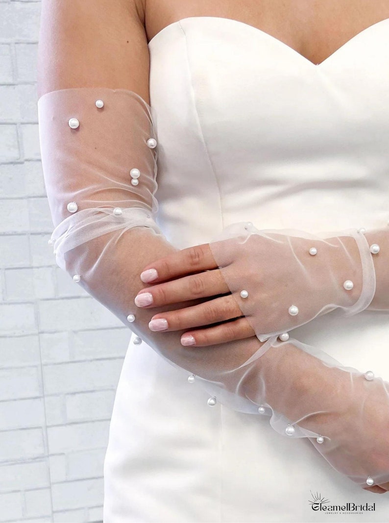 Guante largo de tul perla, puño de brazo sin dedos para novia, guantes transparentes para evento formal, fiesta, guantes de cosplay, guantes blancos, tul perla sin dedos imagen 5