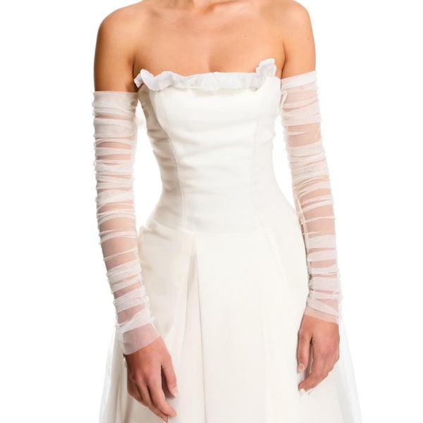 Guantes de novia largos fruncidos sin dedos estilo antiguo, guantes de novia de tul fruncido para boda, guantes de malla transparente con volantes