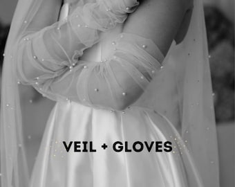 300 cm Wedding Veil + Gloves Two Together! White Cathedral Wedding Veil, Elegant Tulle Bridal Gloves Long Tulle Glove Bridal Fingerless