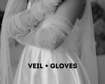 Velo de novia de 300 cm + guantes ¡Dos juntos! Velo de novia catedral blanco, elegantes guantes nupciales de tul guante largo de tul nupcial sin dedos