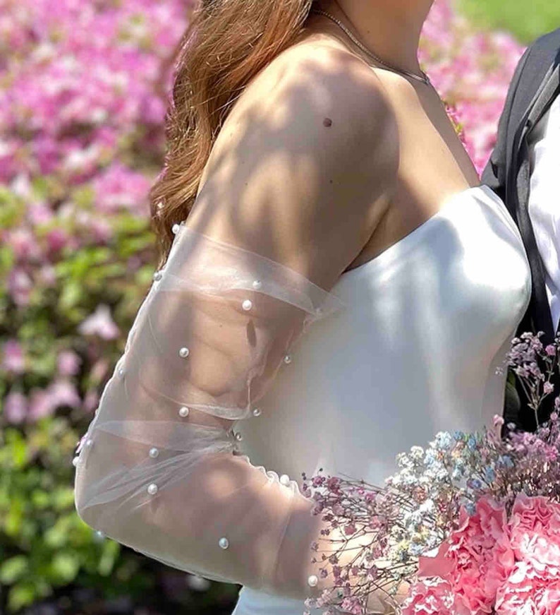 Guante largo de tul perla, puño de brazo sin dedos para novia, guantes transparentes para evento formal, fiesta, guantes de cosplay, guantes blancos, tul perla sin dedos imagen 2