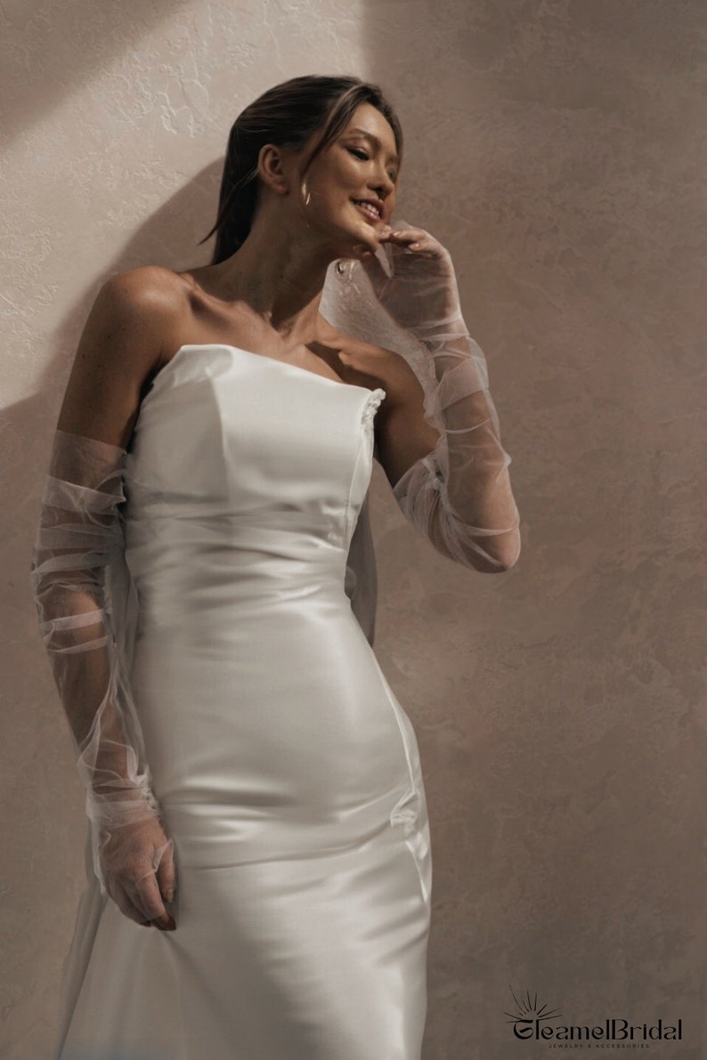 Full Fingerless Bridal Gloves Tulle Sleeves Bridal White Tulle Bride Gloves Extra Long Arm cover Sleeves Bridal Wedding Gloves Sleeves image 3