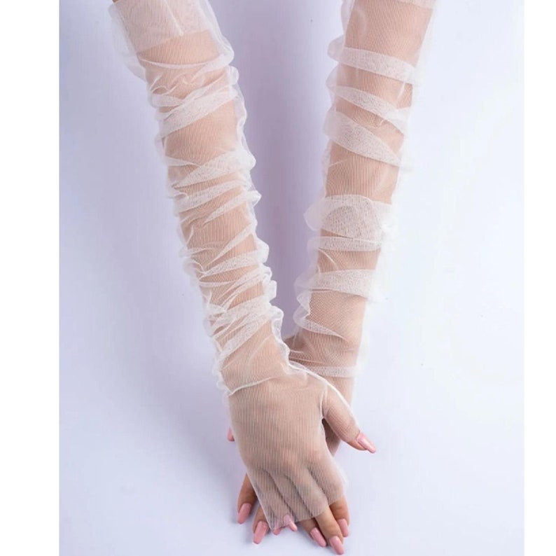 Bridal Gloves Tulle Sleeves Bridal Sleeves White Tulle bride sleeve gloves extra long arm cover Sleeves Bridal Wedding Gloves Sleeves image 5