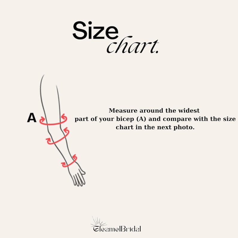 May include: Diagram showing how to measure your bicep for a garment. The diagram shows a line drawing of an arm with red arrows indicating the measurement point around the widest part of the bicep. The text reads "Measure around the widest part of your bicep (A) and compare with the size chart in the next photo."