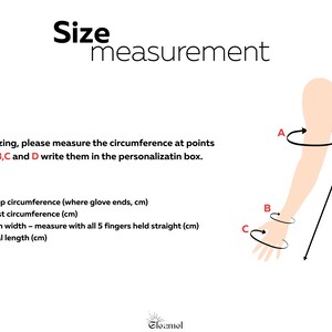 May include: Diagram illustrating size measurements for gloves. Text reads "Size measurement" and provides instructions to measure bicep, wrist, palm width, and total length in centimeters. An arm graphic shows measurement points.