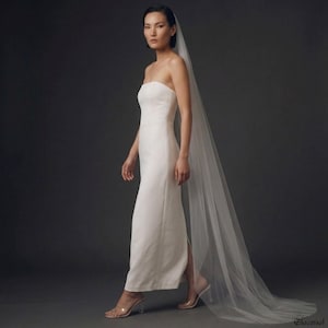 Può includere: Un abito lungo bianco senza spalline con scollo dritto e spacco laterale, abbinato a un lungo velo in tulle trasparente che tocca terra. L'insieme è pulito ed essenziale, caratterizzato da un corpetto aderente e una gonna dritta.
