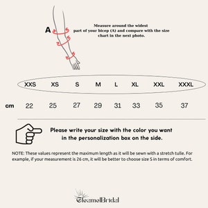 May include: Size chart for a garment, showing measurements in centimeters for different sizes: XXS (22 cm), XS (25 cm), S (27 cm), M (29 cm), L (31 cm), XL (33 cm), XXL (35 cm), and XXXL (37 cm). The chart includes an illustration of a bicep measurement.