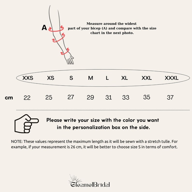 May include: Size chart for a garment, showing measurements in centimeters for different sizes: XXS (22 cm), XS (25 cm), S (27 cm), M (29 cm), L (31 cm), XL (33 cm), XXL (35 cm), and XXXL (37 cm). The chart includes an illustration of a bicep measurement.