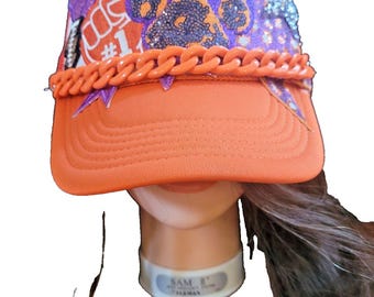 Tigers Custom Trucker Hat w/ Removable Chain Orange Sequined Game Day Clemson