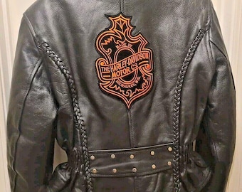 Hudson Womens Leather Motorcycle Jacket Cafe Racer Harley Davidson Patch Sz L