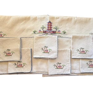 Vintage Hand Embroidered Cross Stitch Tablecloth & Napkins 5 Pieces Pagoda Asian