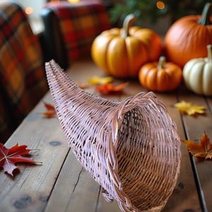 Cornucopia Horn of Plenty Basket Rustic Woven Wicker Fall Thanksgiving Farmhouse