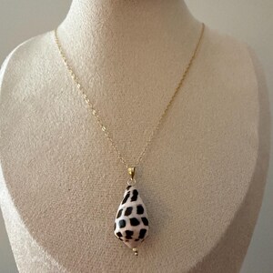 May include: A necklace featuring a teardrop-shaped seashell pendant with a white base and black spotted pattern. The pendant is suspended from a thin, delicate gold-toned metal chain that secures with a small jump ring at the top of the shell.