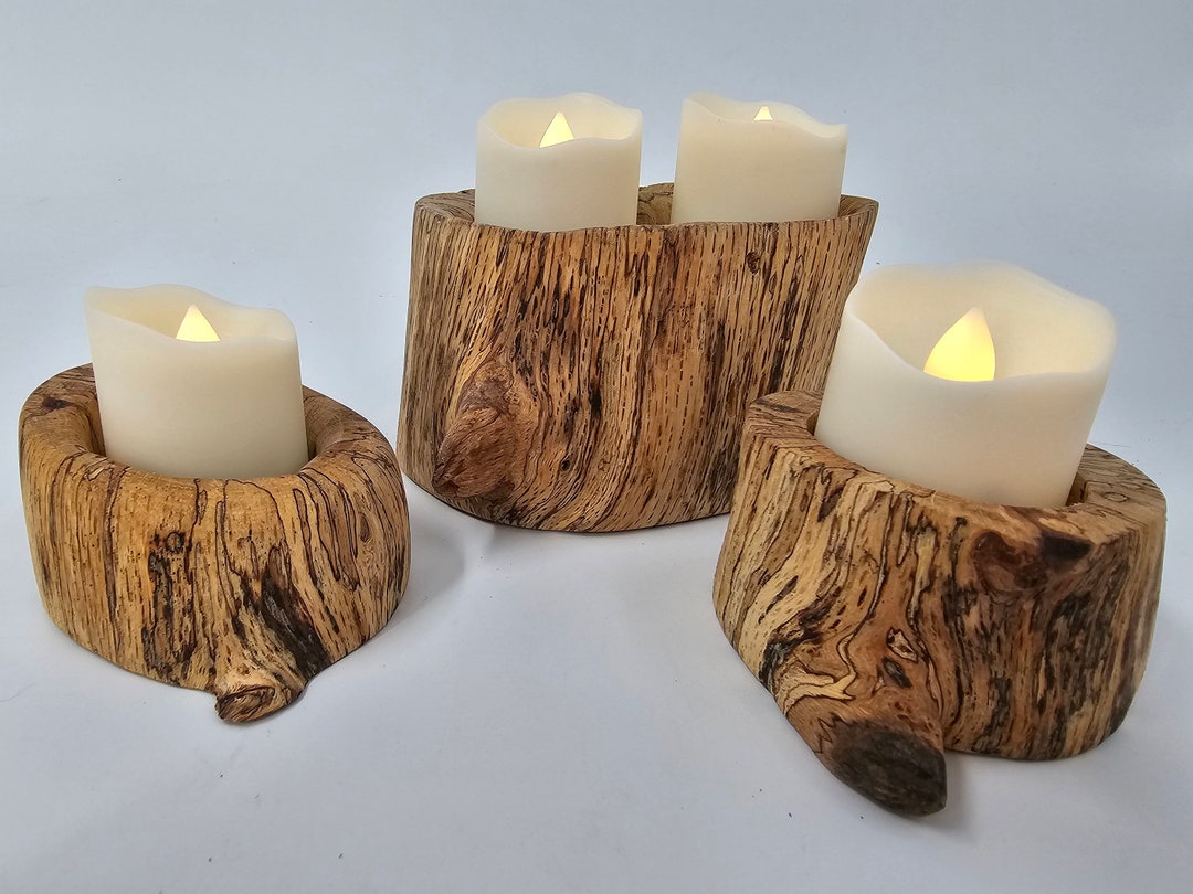 Trio of Hand Crafted Natural Spalted Maple Wood Votive Candle Holders