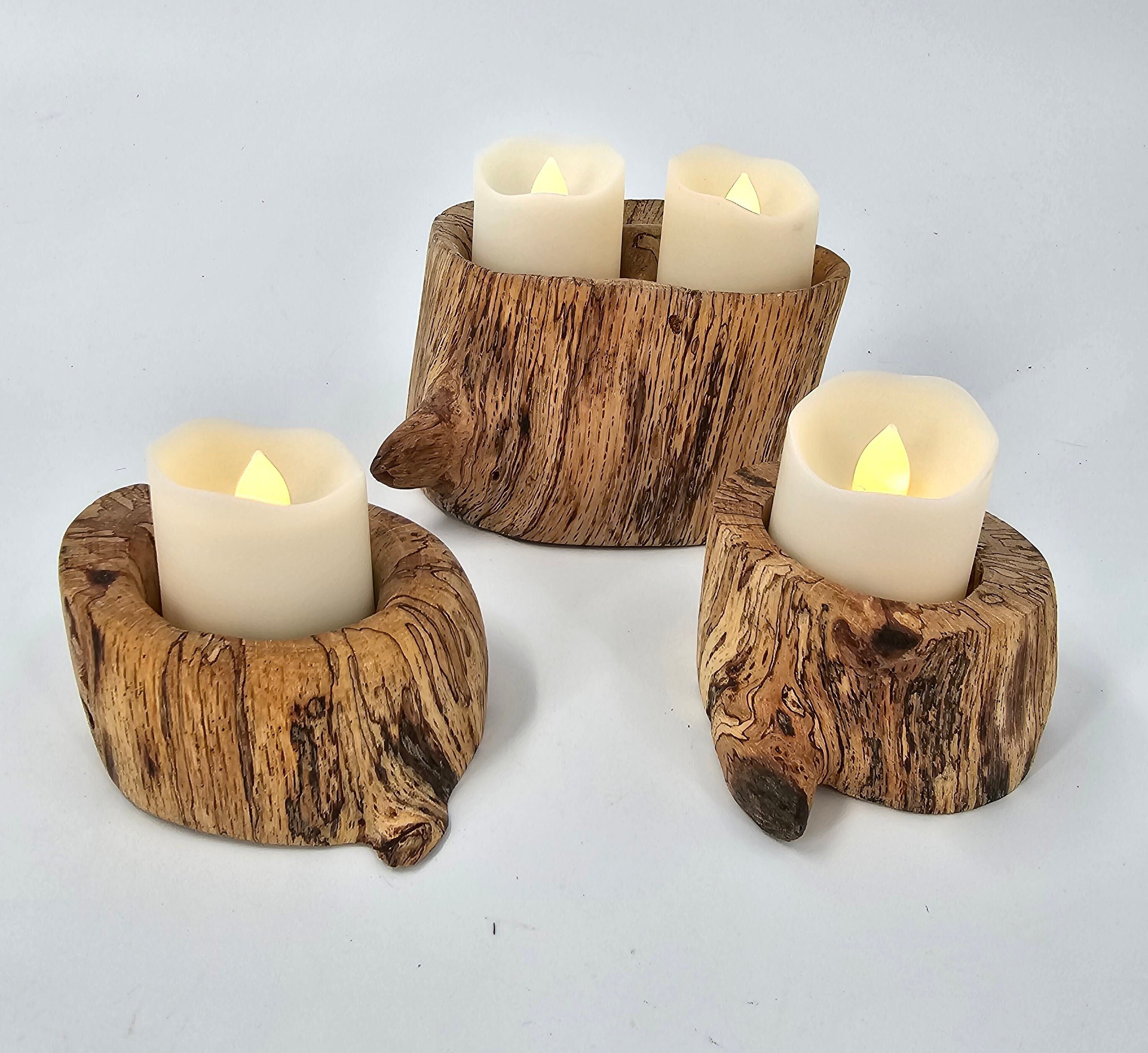 Trio of Hand Crafted Natural Spalted Maple Wood Votive Candle Holders