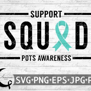 Puede incluir: Gráfico en blanco y negro con el texto "Support Squad" y "POTS Awareness" en un marco cuadrado. Una cinta turquesa se encuentra en el centro del gráfico.