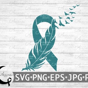May include: Teal blue ribbon with a white feather design, symbolising hope and remembrance. The ribbon is surrounded by a white background with a wood grain texture. The text "SVG+PNG+EPS+JPG+PDF" is at the bottom of the image.