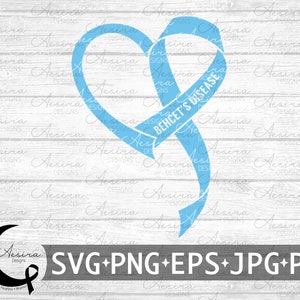 May include: A blue ribbon tied in the shape of a heart with the text "Behcet's Disease" written on it. The ribbon is on a white wood background.