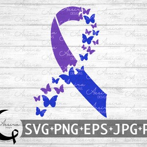 Puede incluir: Cinta morada y azul con una luna creciente y una cinta en la parte inferior. La cinta tiene un diseño de mariposas que vuelan.