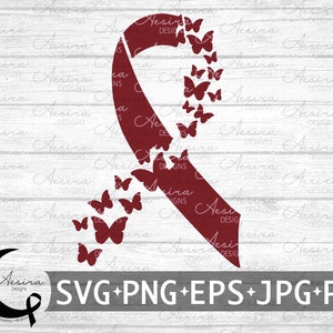 May include: A burgundy ribbon design with butterflies, a symbol of awareness. The design includes the text "SVG+PNG+EPS+JPG+PDF" and a logo. The background is a light wood grain pattern.