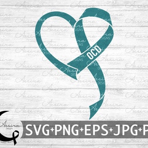 May include: Teal blue ribbon tied in the shape of a heart with the word "OCD" written on it. The ribbon is on a white wood background.