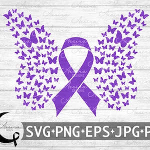 May include: Purple ribbon with a cluster of purple butterflies on each side. The ribbon is a symbol of awareness for various causes, including domestic violence, epilepsy, and Alzheimer's disease. The butterflies represent hope and transformation.