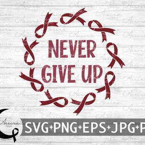 May include: A red ribbon wreath with the words "NEVER GIVE UP" in the center. The wreath is made up of multiple ribbon loops, each with a knot at the end. The background is a white woodgrain pattern.