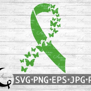 May include: A green ribbon design with butterflies, a symbol of awareness. The ribbon is filled with green butterflies, with the text "SVG+PNG+EPS+JPG+PDF" below. The background is a white wood grain pattern.