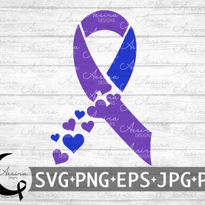 May include: Purple and blue ribbon with a design of hearts falling from the ribbon. The ribbon is on a white wood background. The text "SVG+PNG+EPS+JPG+PDF" is at the bottom of the image.