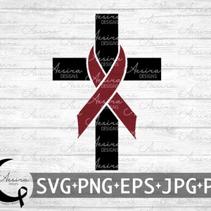 May include: A black cross with a maroon ribbon tied around it. The cross is on a white woodgrain background. The text "SVG+PNG+EPS+JPG+PDF" is at the bottom of the image.
